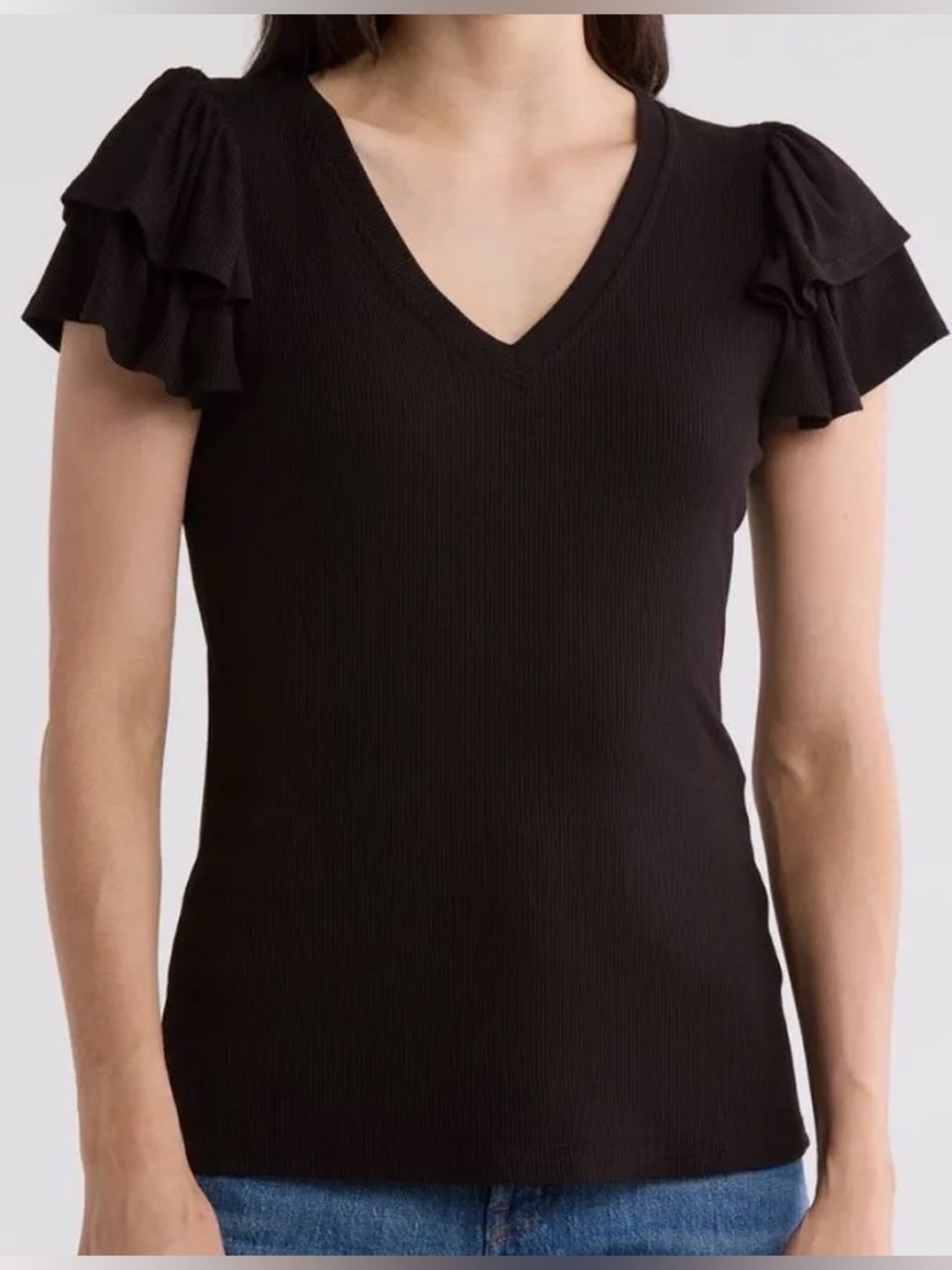 NWT 1. state Black Ribbed V-Neck Flutter Sleeve Top T-Shirt Ruffles Womens Large
